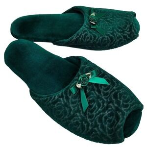Solely Ours Womens Slippers Green Velvet Rose Embossed Bow Washable Size 6.5-7.5